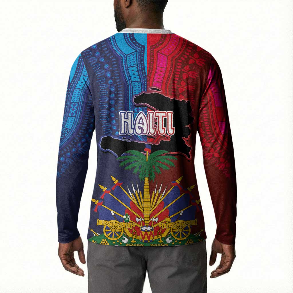 Haiti Coat Of Arms Map Dashiki Button Sweatshirt Vibrant Caribbean Heritage