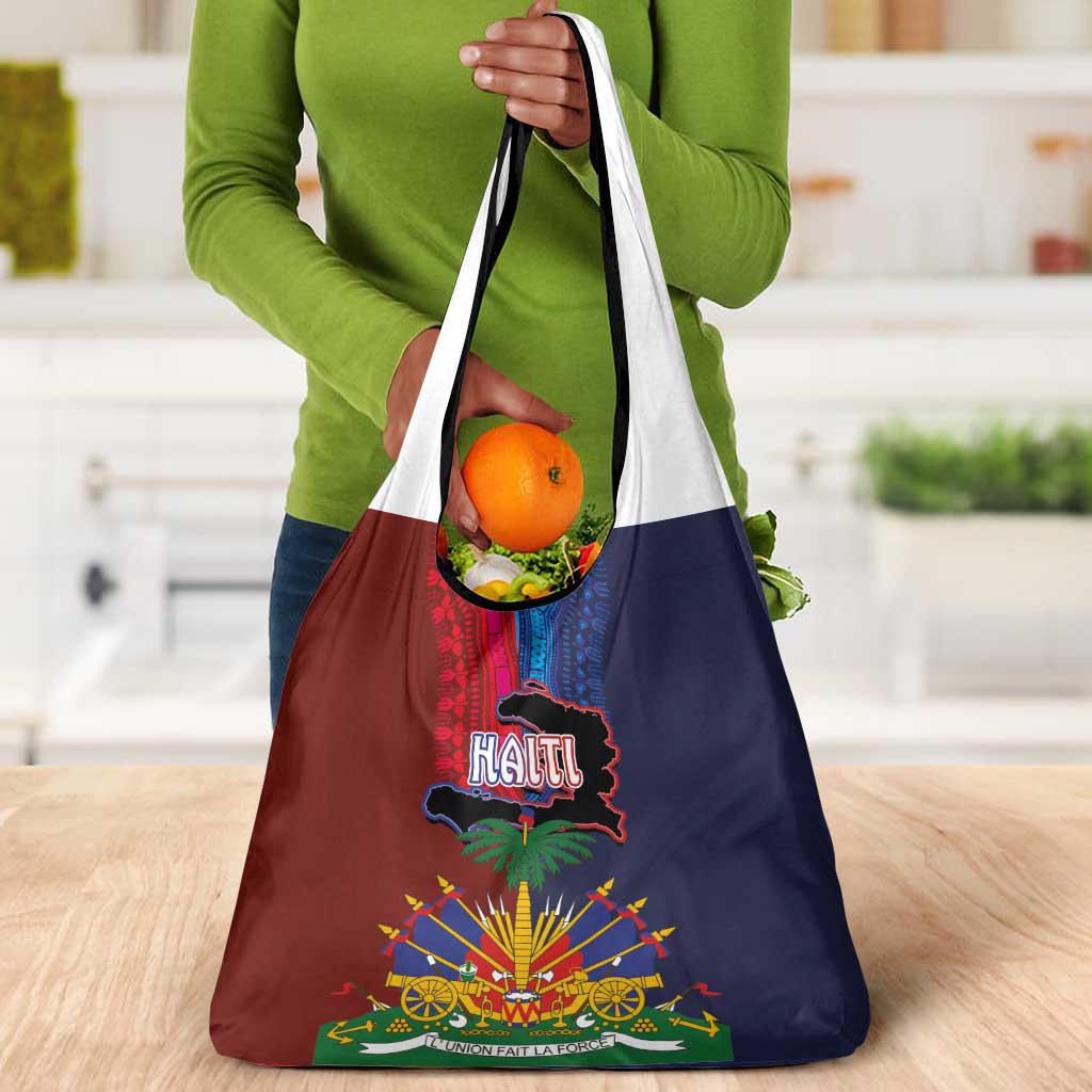 Haiti Coat Of Arms Map Dashiki Grocery Bag Vibrant Caribbean Heritage
