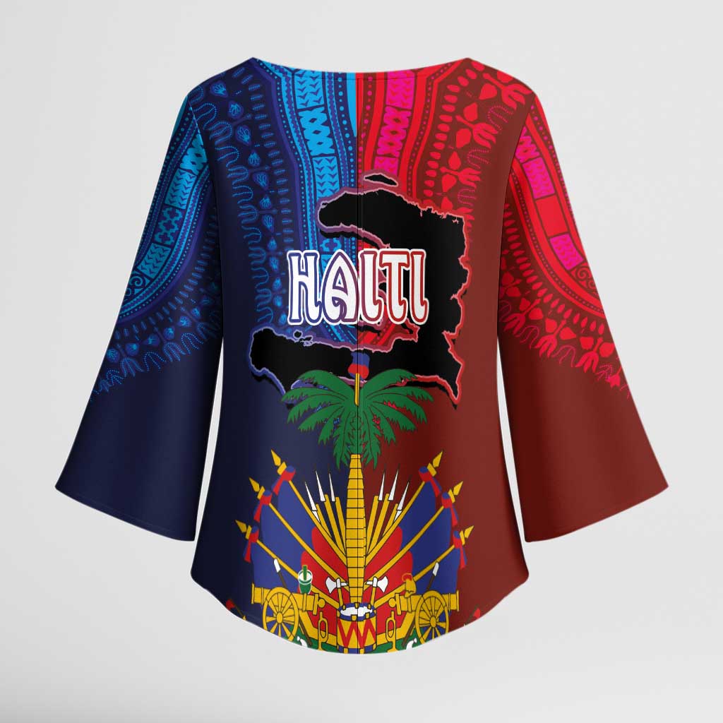 Haiti Coat Of Arms Map Dashiki Kimono Sleeve Blouse Vibrant Caribbean Heritage