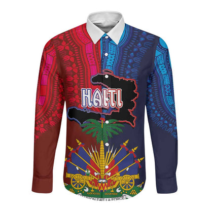 Haiti Coat Of Arms Map Dashiki Long Sleeve Button Shirt Vibrant Caribbean Heritage