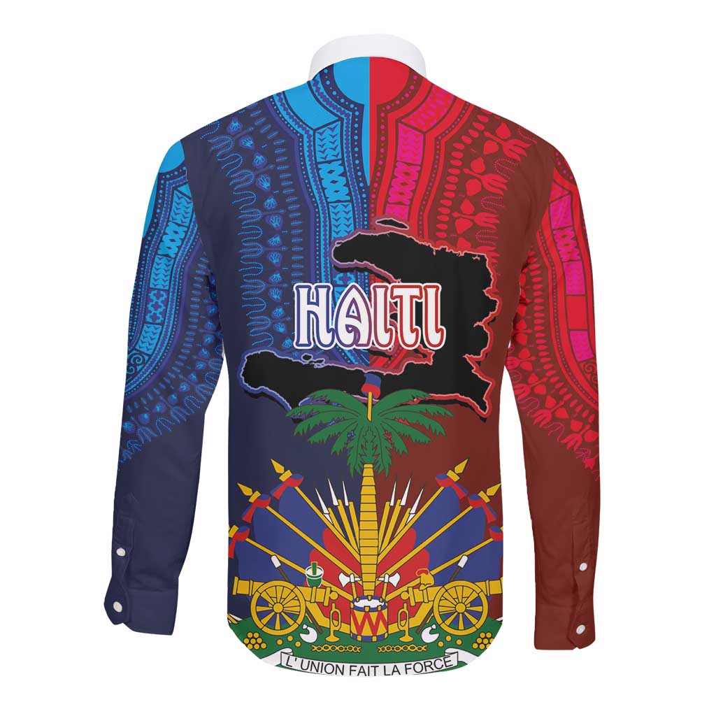 Haiti Coat Of Arms Map Dashiki Long Sleeve Button Shirt Vibrant Caribbean Heritage