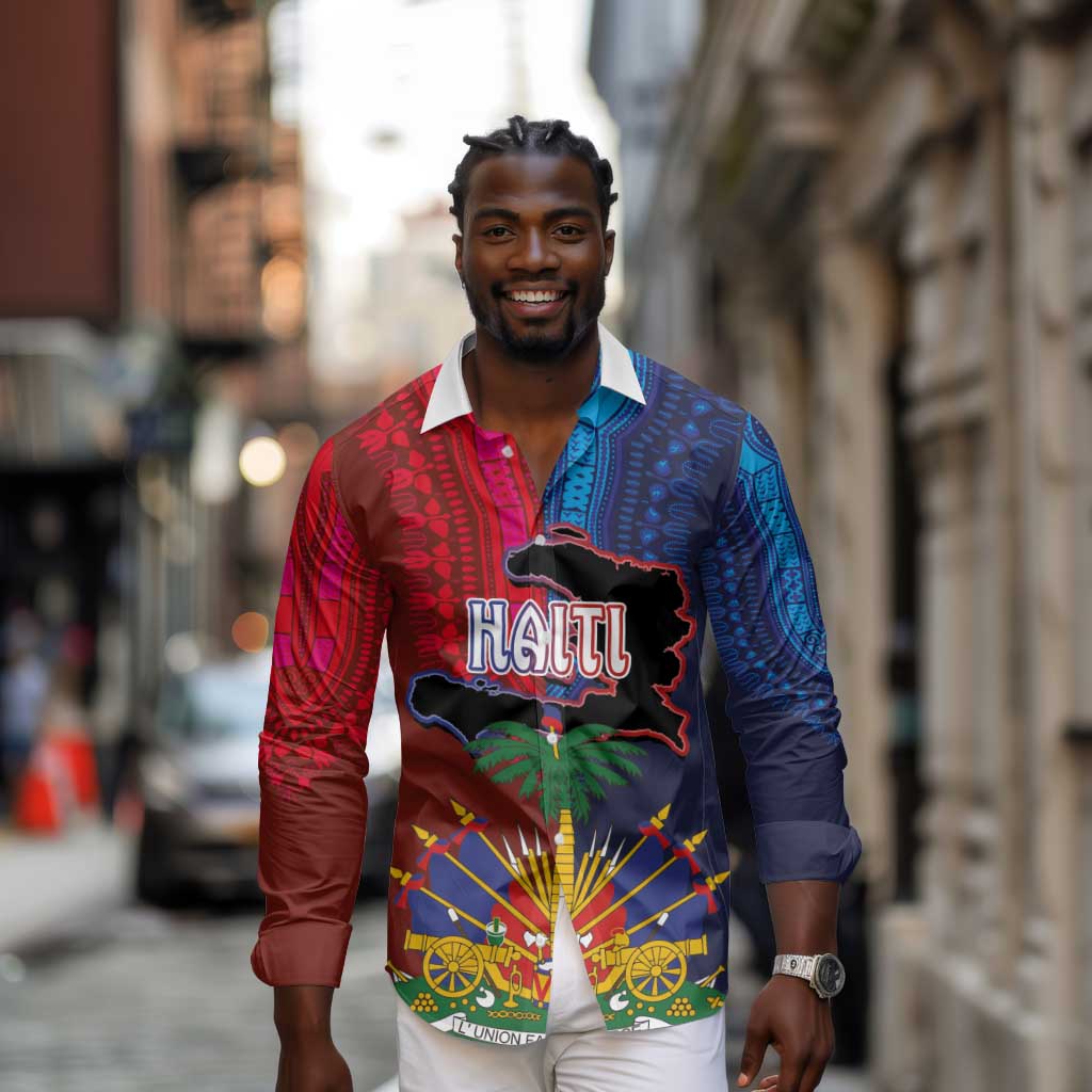 Haiti Coat Of Arms Map Dashiki Long Sleeve Button Shirt Vibrant Caribbean Heritage