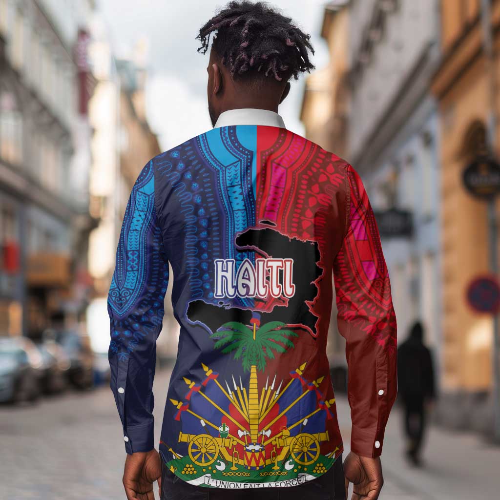 Haiti Coat Of Arms Map Dashiki Long Sleeve Button Shirt Vibrant Caribbean Heritage