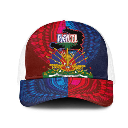 Haiti Coat Of Arms Map Dashiki Mesh Trucker Cap Vibrant Caribbean Heritage