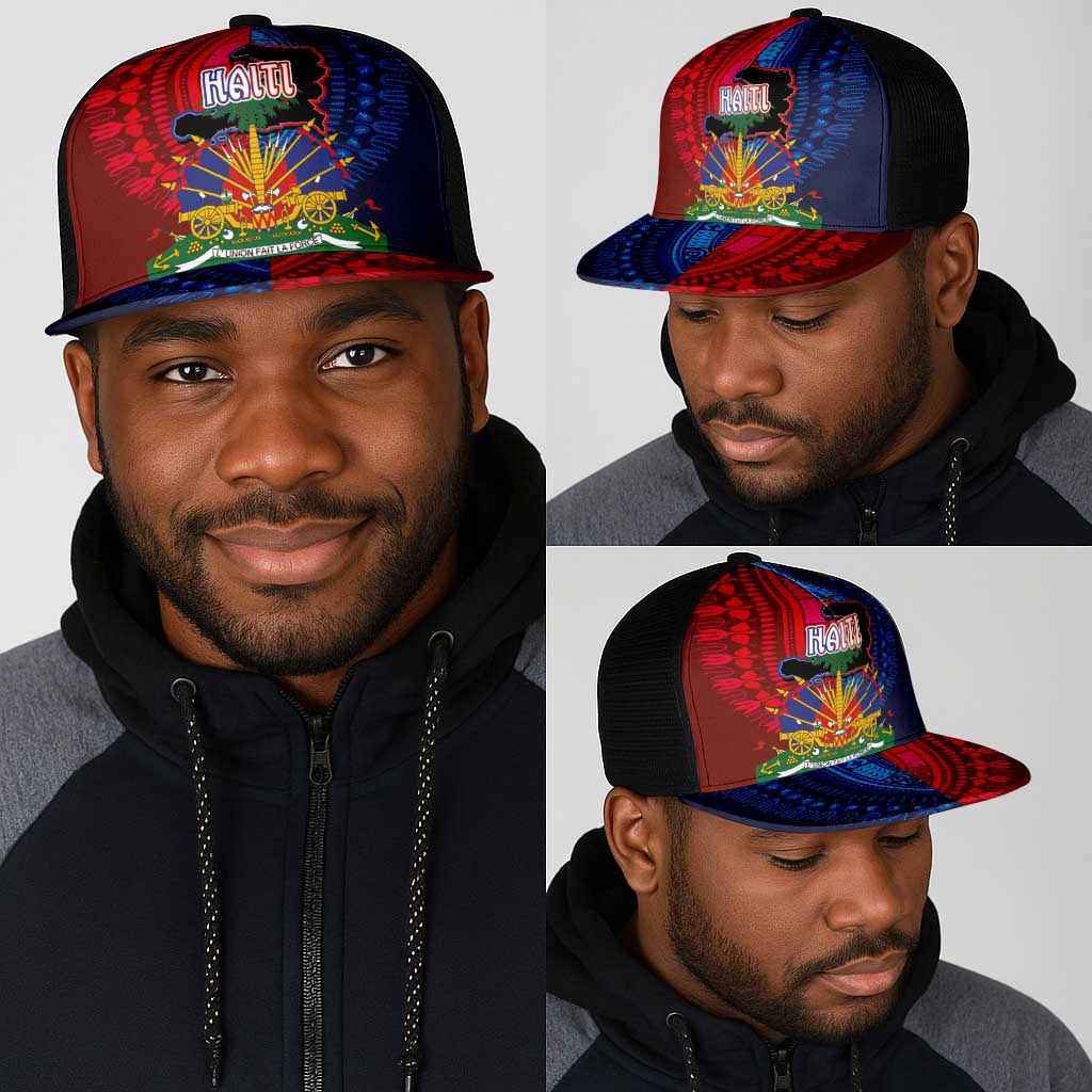 Haiti Coat Of Arms Map Dashiki Mesh Trucker Cap Vibrant Caribbean Heritage