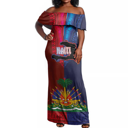 Haiti Coat Of Arms Map Dashiki Off Shoulder Maxi Dress Vibrant Caribbean Heritage