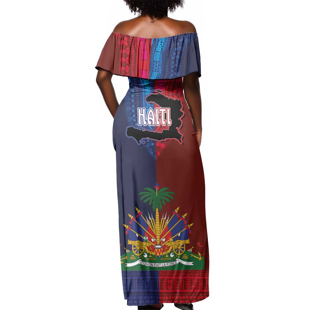 Haiti Coat Of Arms Map Dashiki Off Shoulder Maxi Dress Vibrant Caribbean Heritage