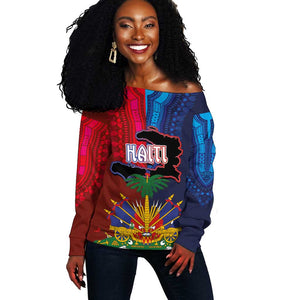 Haiti Coat Of Arms Map Dashiki Off Shoulder Sweater Vibrant Caribbean Heritage