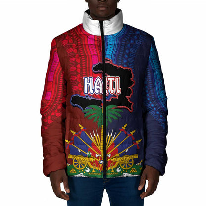 Haiti Coat Of Arms Map Dashiki Padded Jacket Vibrant Caribbean Heritage