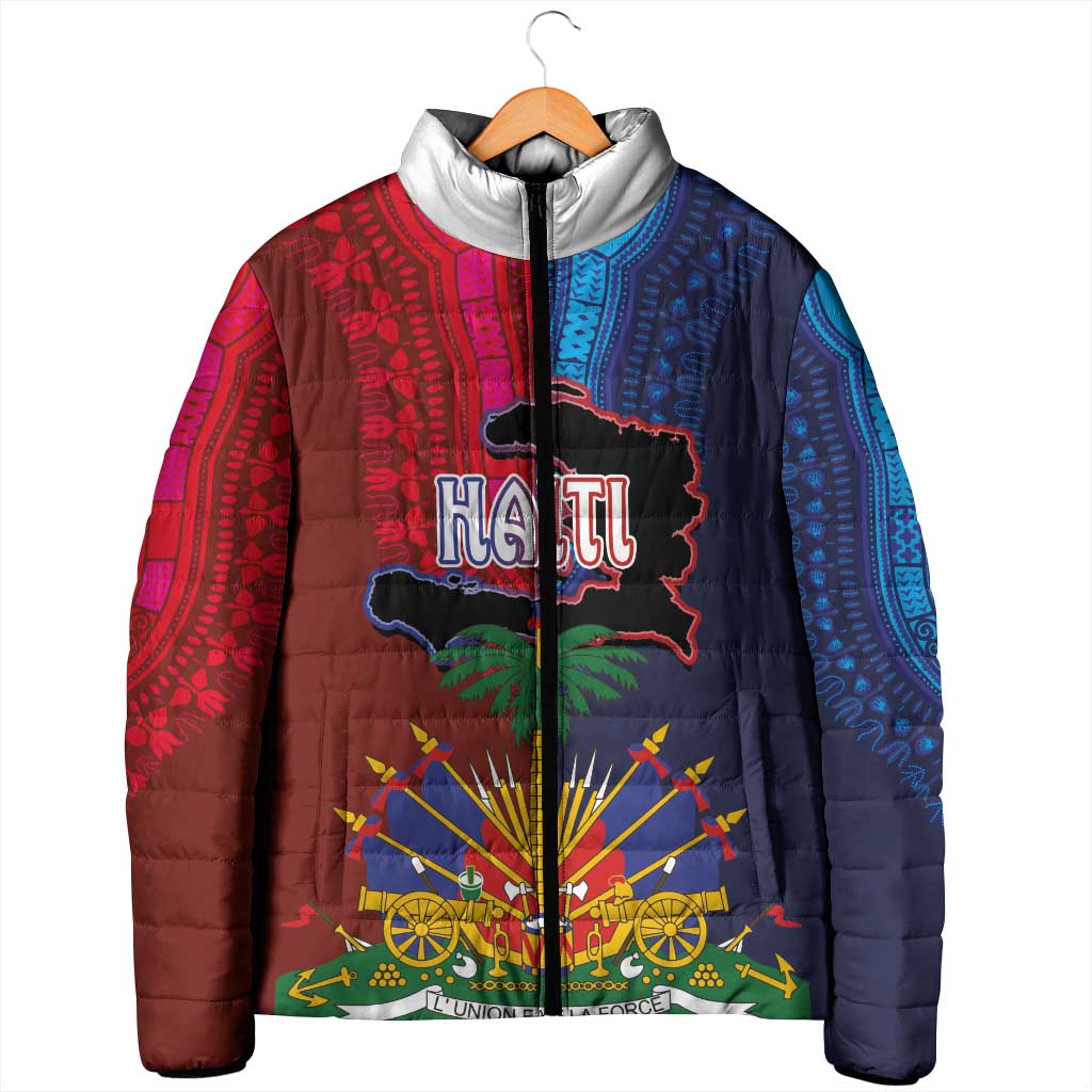 Haiti Coat Of Arms Map Dashiki Padded Jacket Vibrant Caribbean Heritage