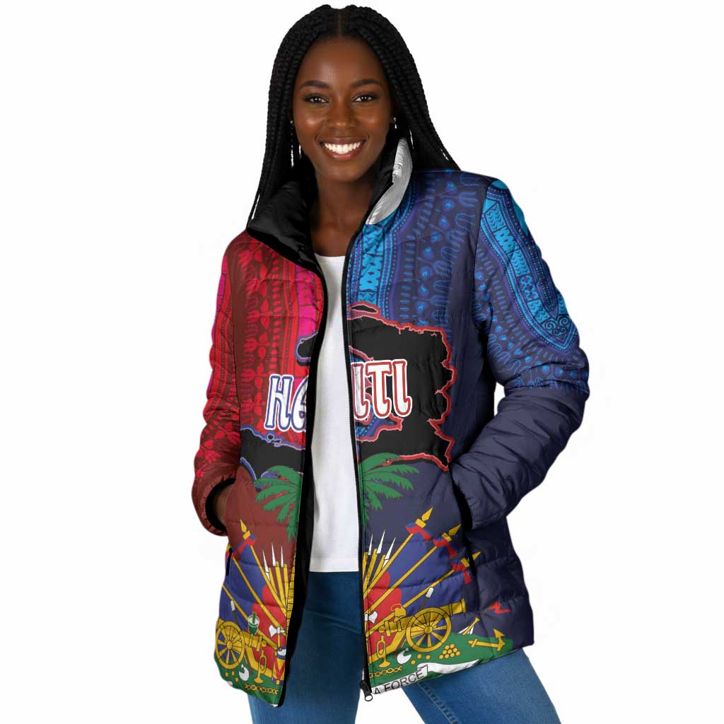 Haiti Coat Of Arms Map Dashiki Padded Jacket Vibrant Caribbean Heritage