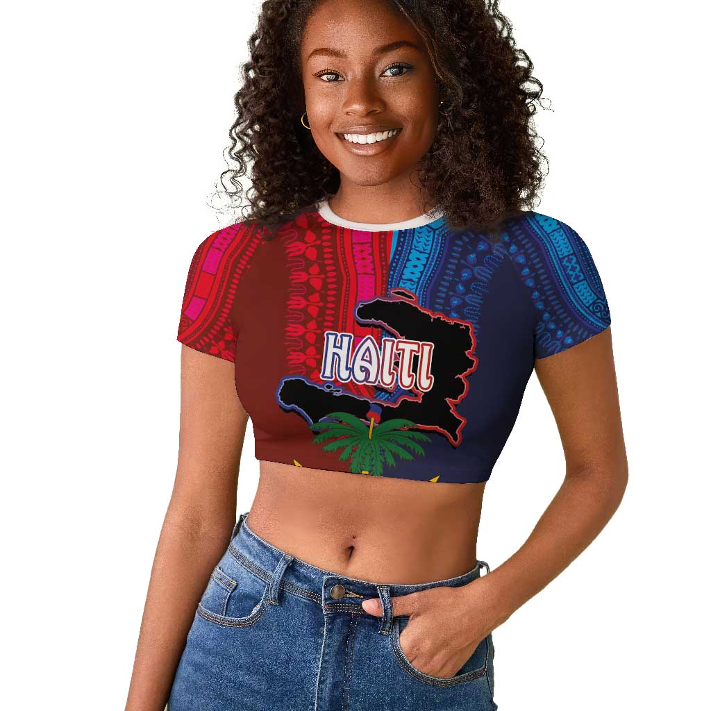 Haiti Coat Of Arms Map Dashiki Raglan Cropped T shirt Vibrant Caribbean Heritage