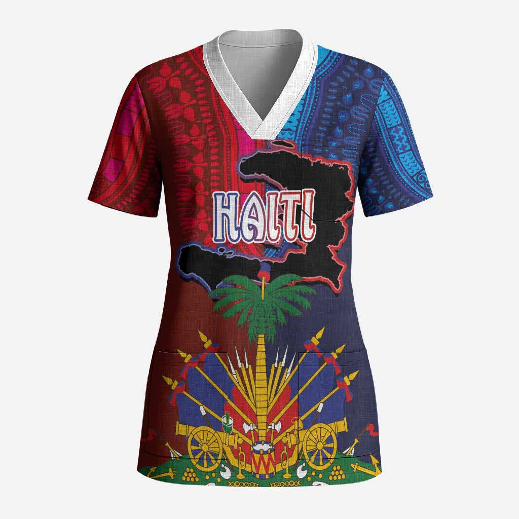 Haiti Coat Of Arms Map Dashiki Scrub Top Vibrant Caribbean Heritage