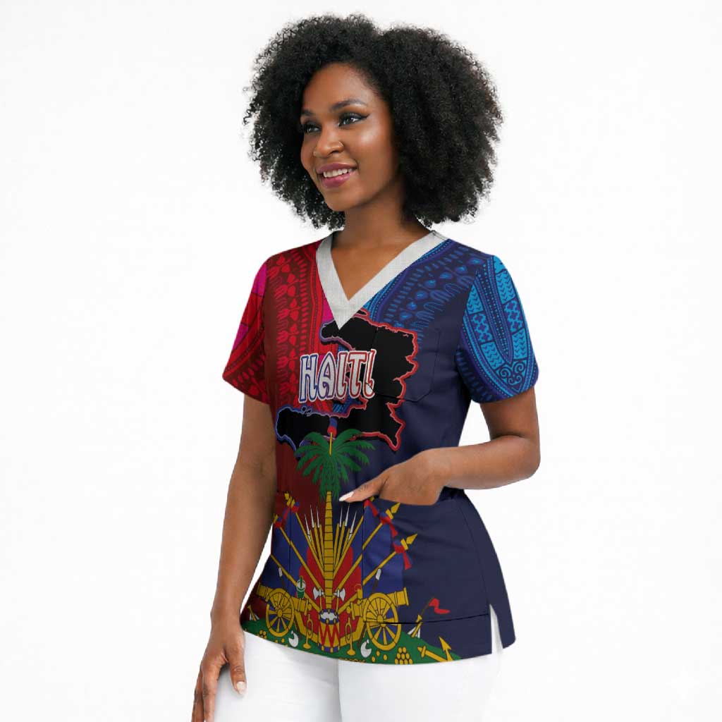 Haiti Coat Of Arms Map Dashiki Scrub Top Vibrant Caribbean Heritage