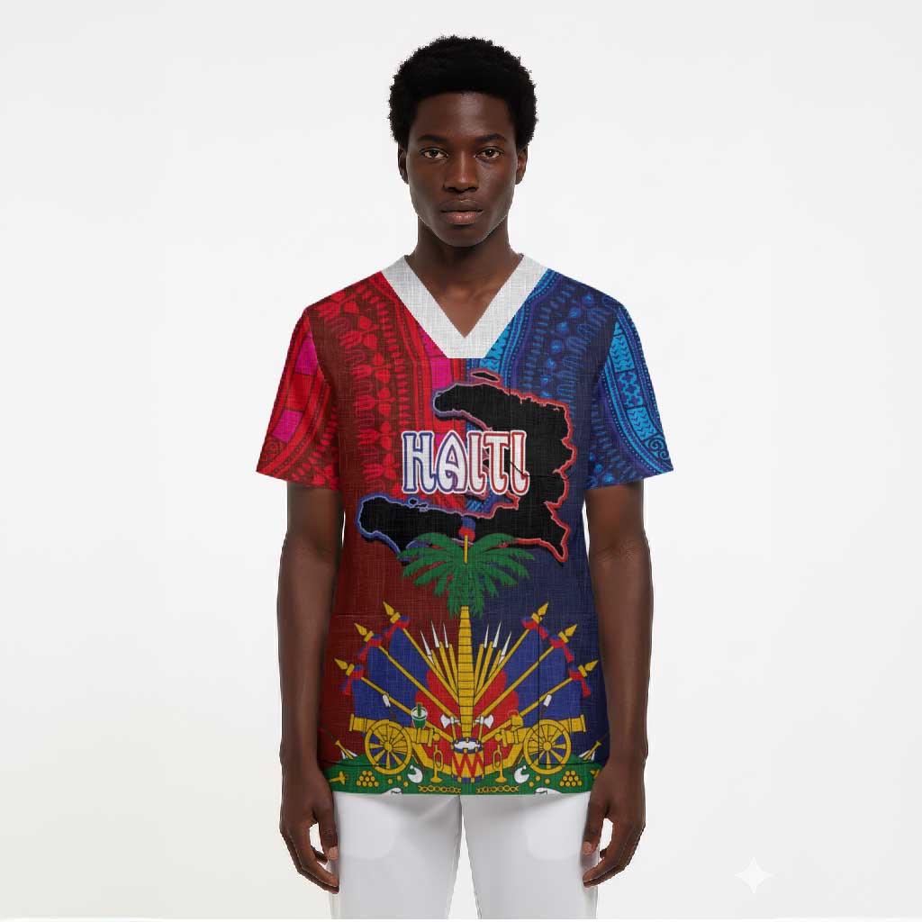 Haiti Coat Of Arms Map Dashiki Scrub Top Vibrant Caribbean Heritage