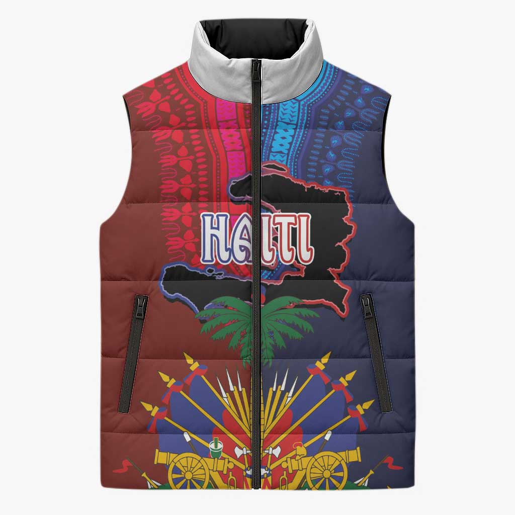 Haiti Coat Of Arms Map Dashiki Sleeveless Puffer Jacket Vibrant Caribbean Heritage