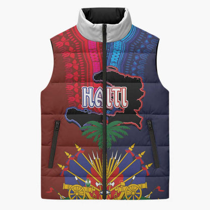 Haiti Coat Of Arms Map Dashiki Sleeveless Puffer Jacket Vibrant Caribbean Heritage