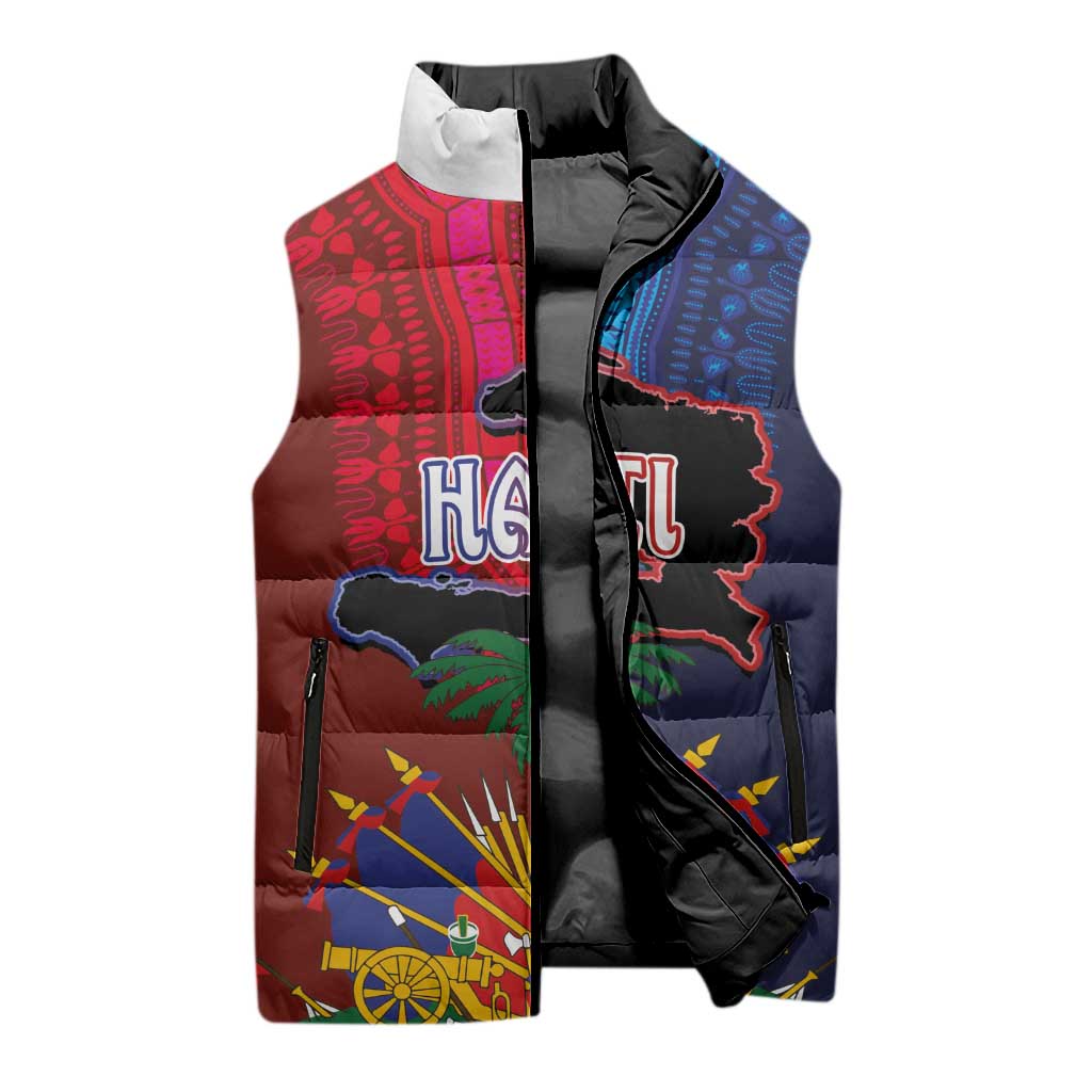 Haiti Coat Of Arms Map Dashiki Sleeveless Puffer Jacket Vibrant Caribbean Heritage