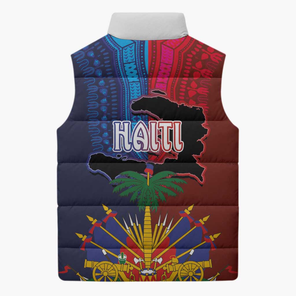 Haiti Coat Of Arms Map Dashiki Sleeveless Puffer Jacket Vibrant Caribbean Heritage