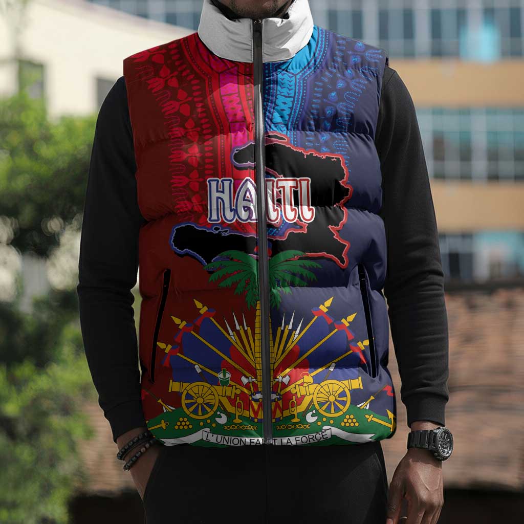 Haiti Coat Of Arms Map Dashiki Sleeveless Puffer Jacket Vibrant Caribbean Heritage