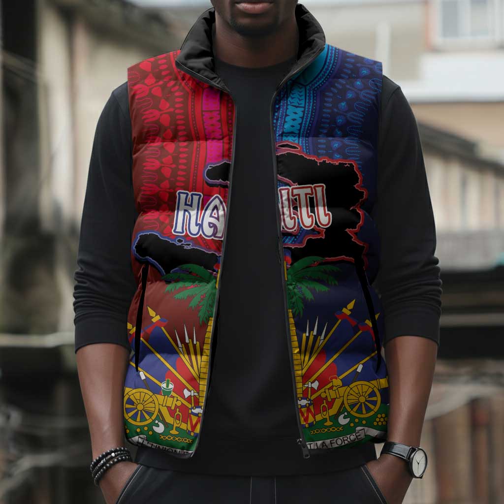 Haiti Coat Of Arms Map Dashiki Sleeveless Puffer Jacket Vibrant Caribbean Heritage