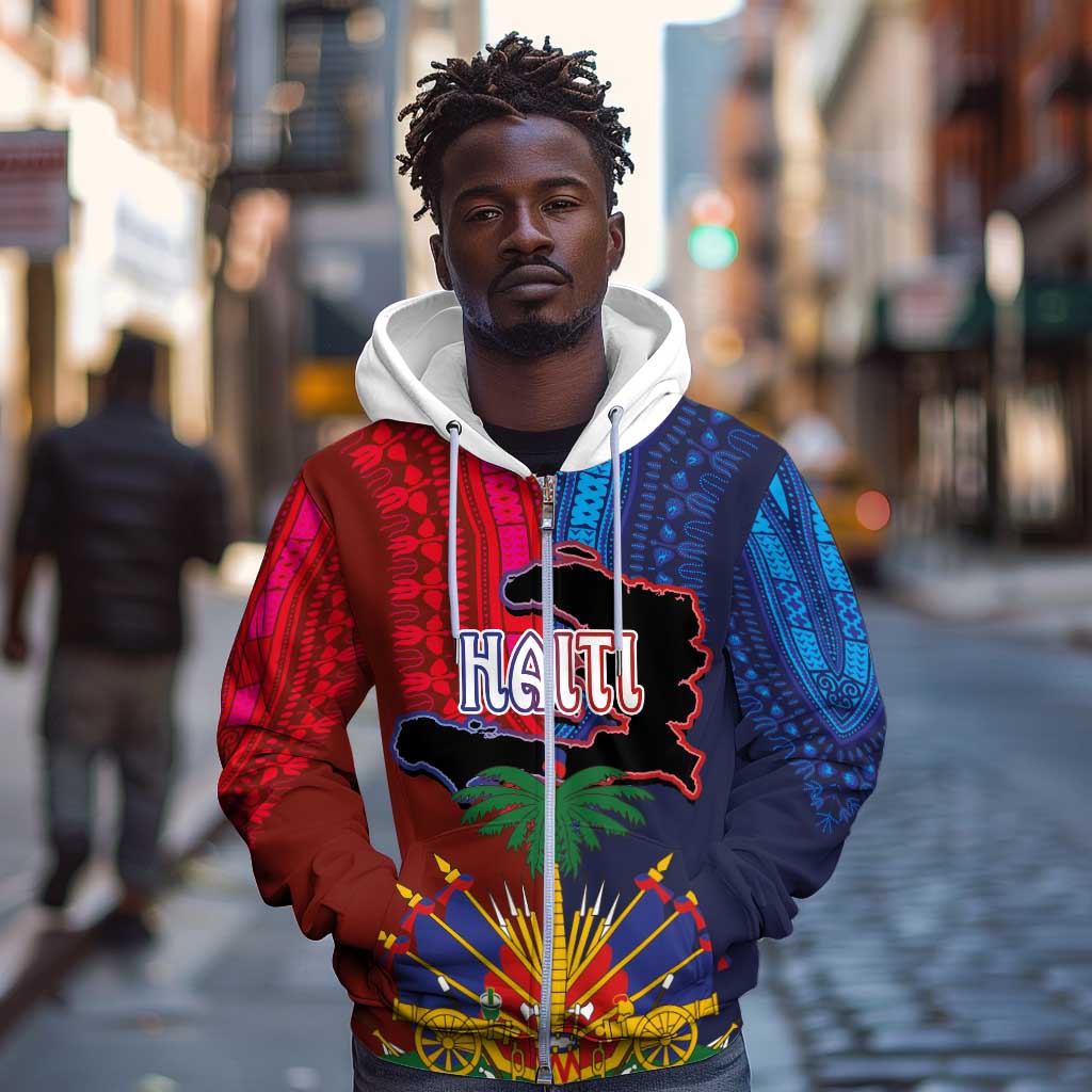 Haiti Coat Of Arms Map Dashiki Zip Hoodie Vibrant Caribbean Heritage