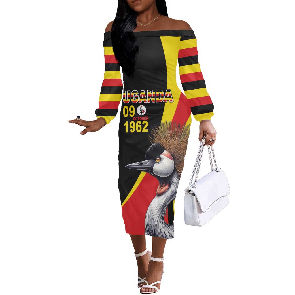 Uganda Independence Day with Crowned Cranes Off The Shoulder Long Sleeve Dress