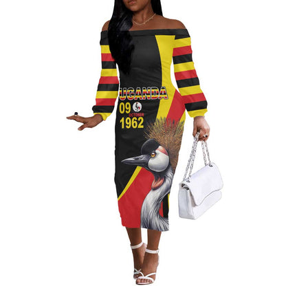 Uganda Independence Day with Crowned Cranes Off The Shoulder Long Sleeve Dress