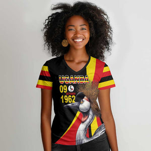 Uganda Independence Day with Crowned Cranes Women V-Neck T-Shirt