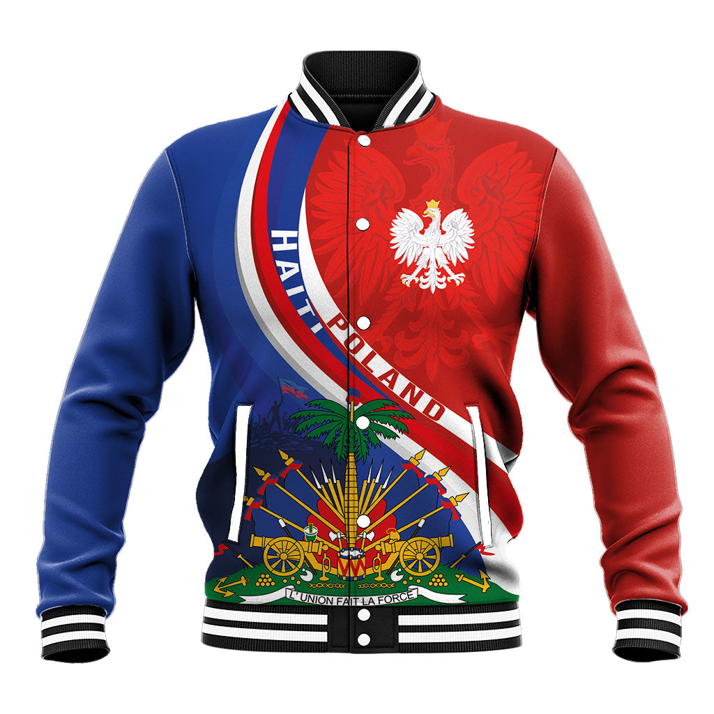 Personalized Haiti and Poland Cultural Fusion Baseball Jacket White Eagle and Haitian Independence Symbols