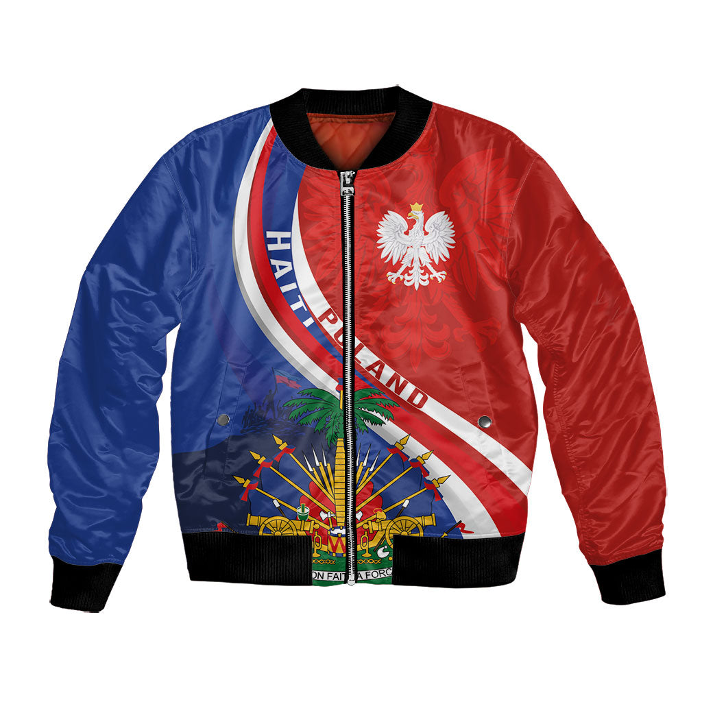Personalized Haiti and Poland Cultural Fusion Bomber Jacket White Eagle and Haitian Independence Symbols