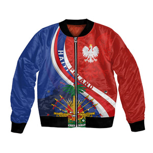 Personalized Haiti and Poland Cultural Fusion Bomber Jacket White Eagle and Haitian Independence Symbols