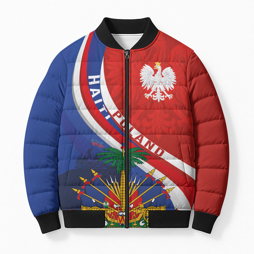 Personalized Haiti and Poland Cultural Fusion Bomber Puffer Jacket White Eagle and Haitian Independence Symbols