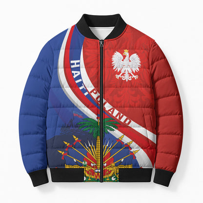 Personalized Haiti and Poland Cultural Fusion Bomber Puffer Jacket White Eagle and Haitian Independence Symbols