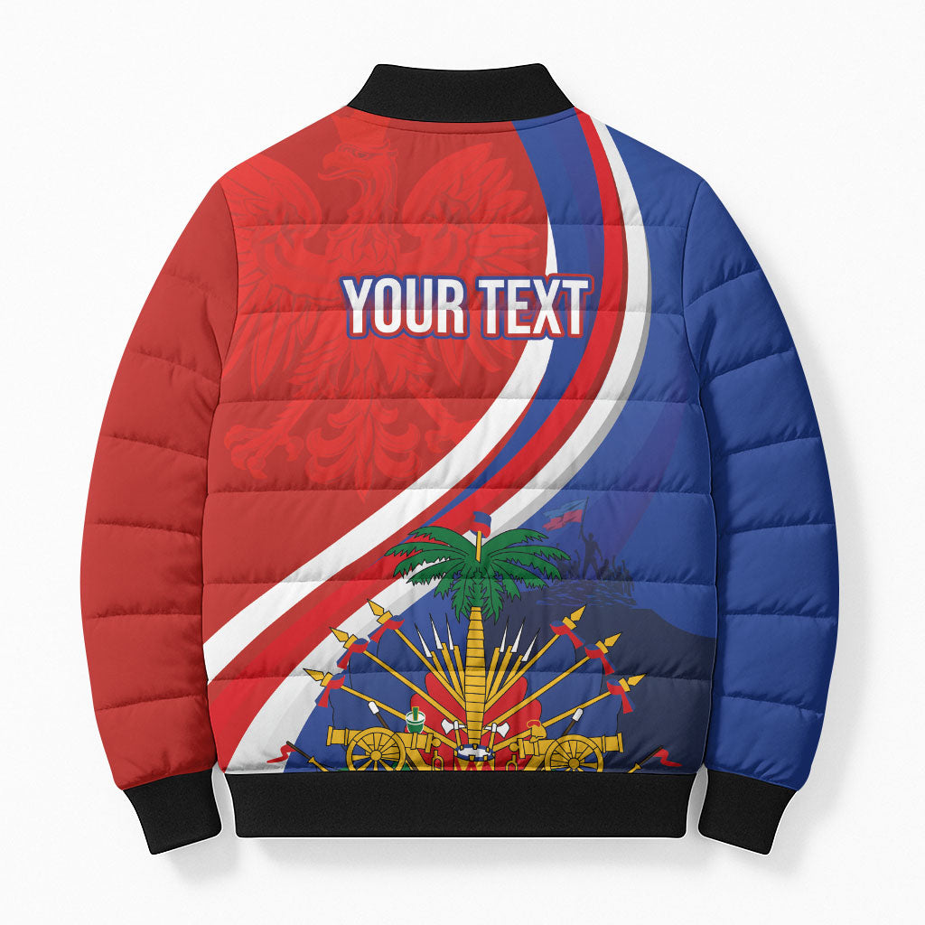 Personalized Haiti and Poland Cultural Fusion Bomber Puffer Jacket White Eagle and Haitian Independence Symbols