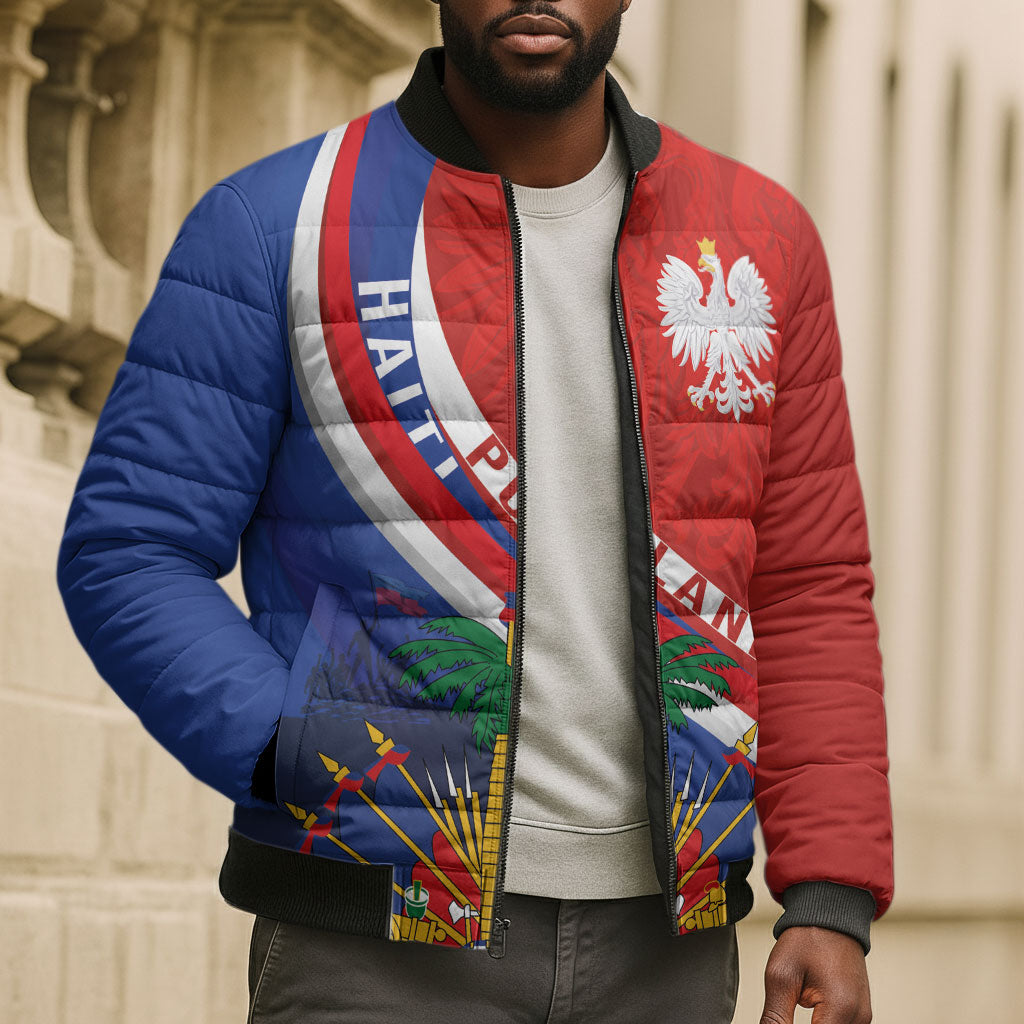Personalized Haiti and Poland Cultural Fusion Bomber Puffer Jacket White Eagle and Haitian Independence Symbols