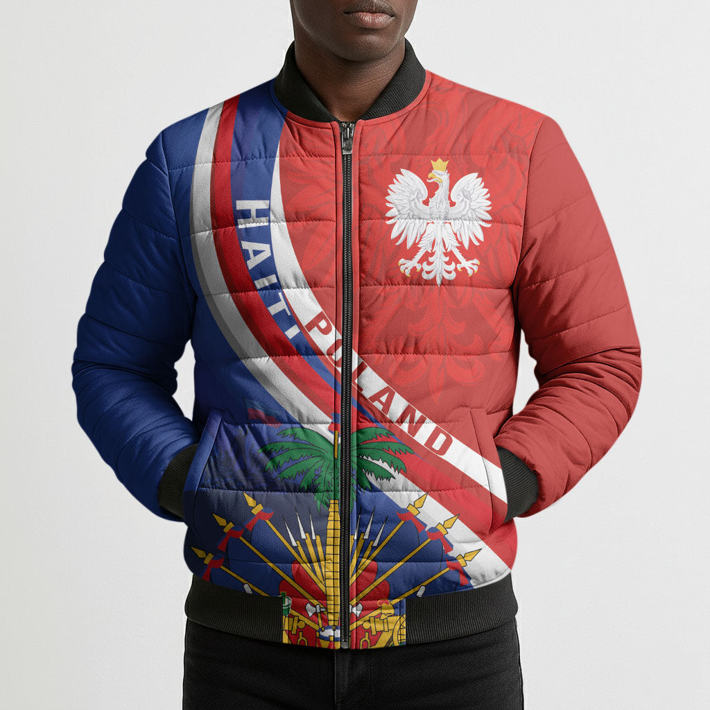 Personalized Haiti and Poland Cultural Fusion Bomber Puffer Jacket White Eagle and Haitian Independence Symbols