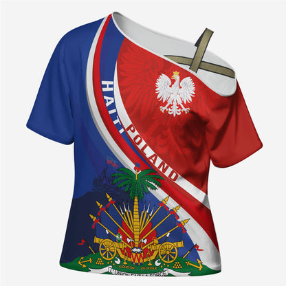 Personalized Haiti and Poland Cultural Fusion Cross Shoulder Shirt White Eagle and Haitian Independence Symbols
