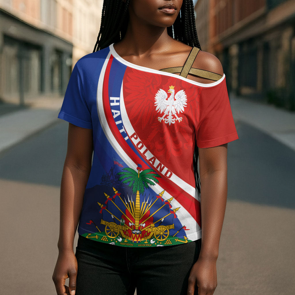 Personalized Haiti and Poland Cultural Fusion Cross Shoulder Shirt White Eagle and Haitian Independence Symbols