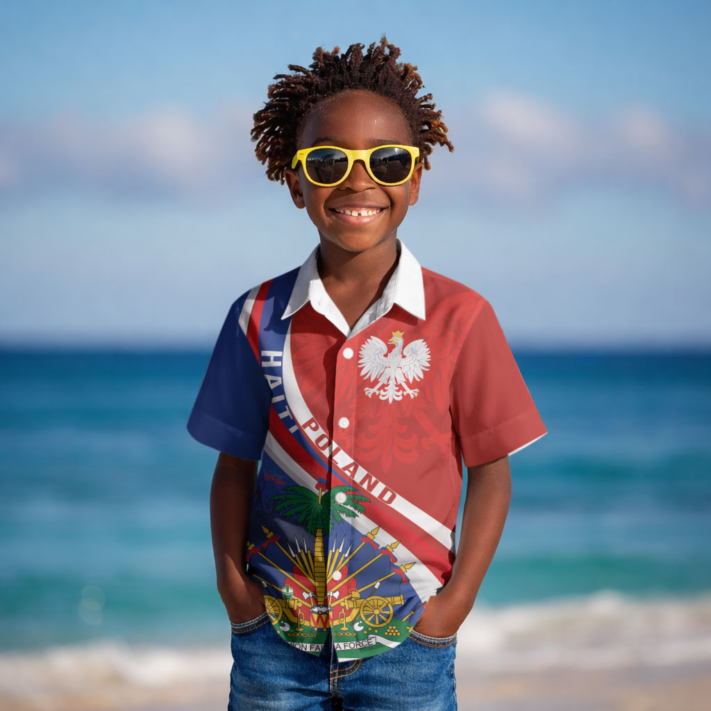 Personalized Haiti and Poland Cultural Fusion Kid Hawaiian Shirt White Eagle and Haitian Independence Symbols