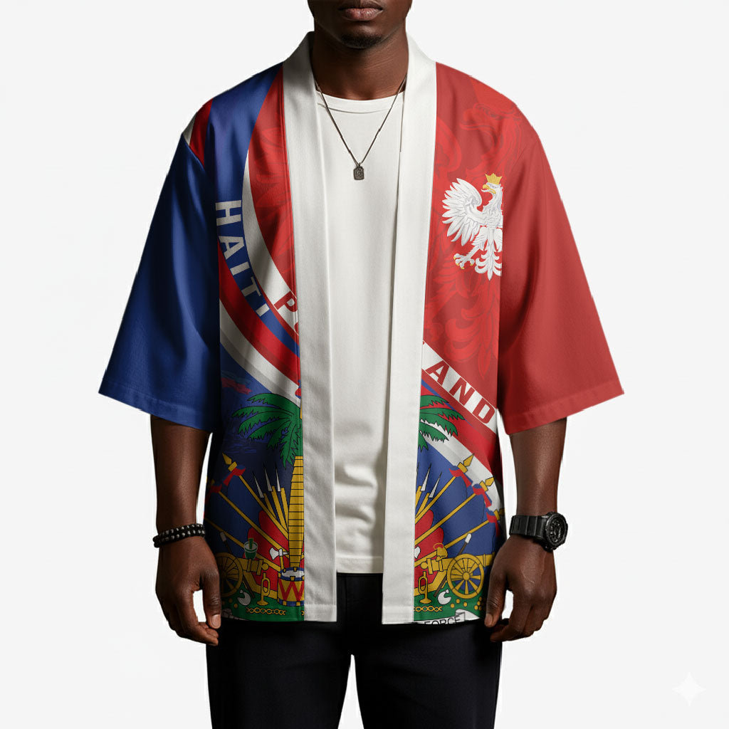 Personalized Haiti and Poland Cultural Fusion Kimono White Eagle and Haitian Independence Symbols
