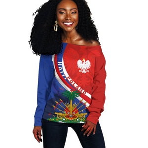 Personalized Haiti and Poland Cultural Fusion Off Shoulder Sweater White Eagle and Haitian Independence Symbols