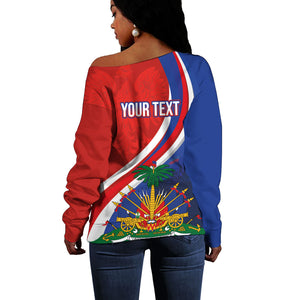 Personalized Haiti and Poland Cultural Fusion Off Shoulder Sweater White Eagle and Haitian Independence Symbols