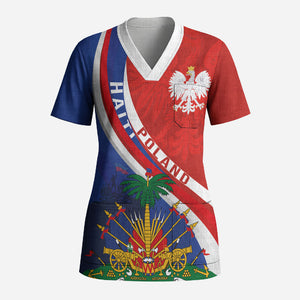 Personalized Haiti and Poland Cultural Fusion Scrub Top White Eagle and Haitian Independence Symbols