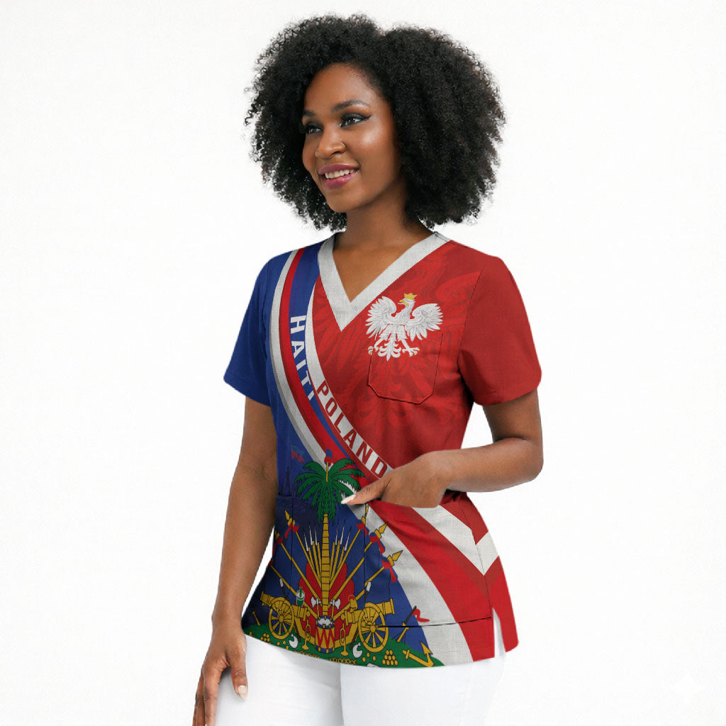 Personalized Haiti and Poland Cultural Fusion Scrub Top White Eagle and Haitian Independence Symbols