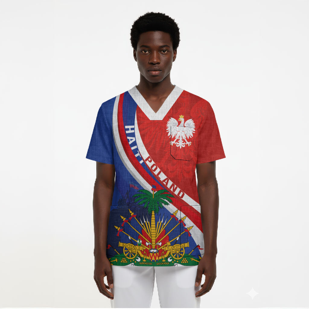 Personalized Haiti and Poland Cultural Fusion Scrub Top White Eagle and Haitian Independence Symbols