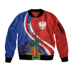 Personalized Haiti and Poland Cultural Fusion Sleeve Zip Bomber Jacket White Eagle and Haitian Independence Symbols