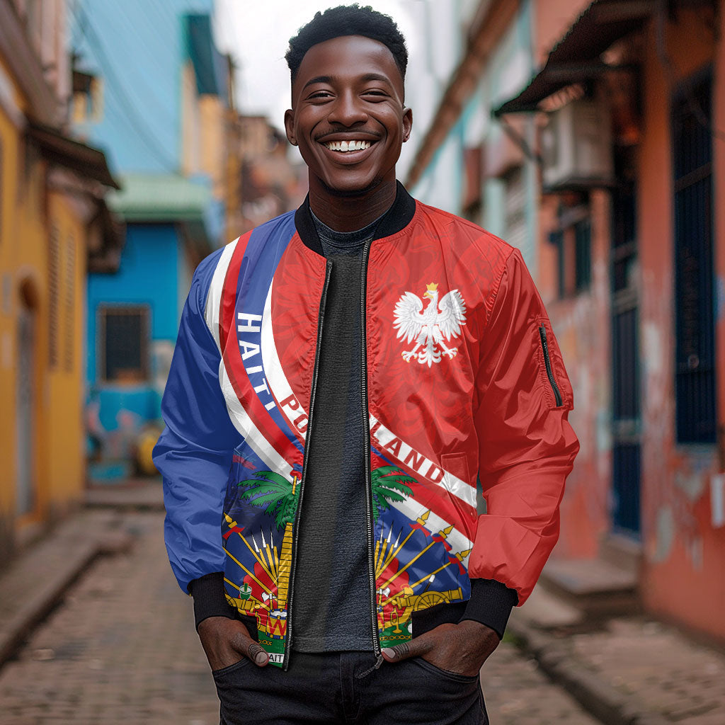 Personalized Haiti and Poland Cultural Fusion Sleeve Zip Bomber Jacket White Eagle and Haitian Independence Symbols