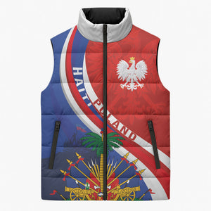 Personalized Haiti and Poland Cultural Fusion Sleeveless Puffer Jacket White Eagle and Haitian Independence Symbols