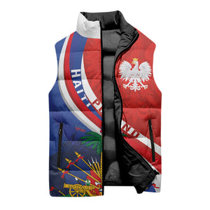 Personalized Haiti and Poland Cultural Fusion Sleeveless Puffer Jacket White Eagle and Haitian Independence Symbols